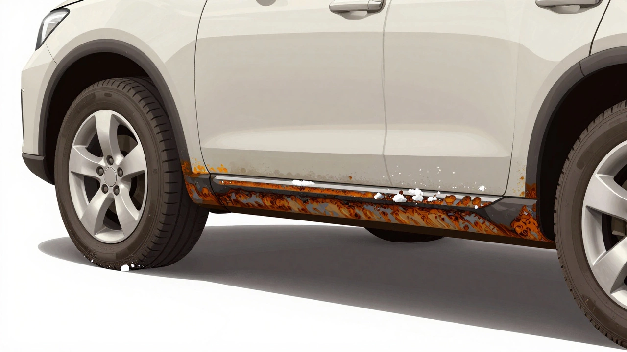 Разрез днища автомобиля: коррозия в одном месте и антикоррозийное покрытие в другом.