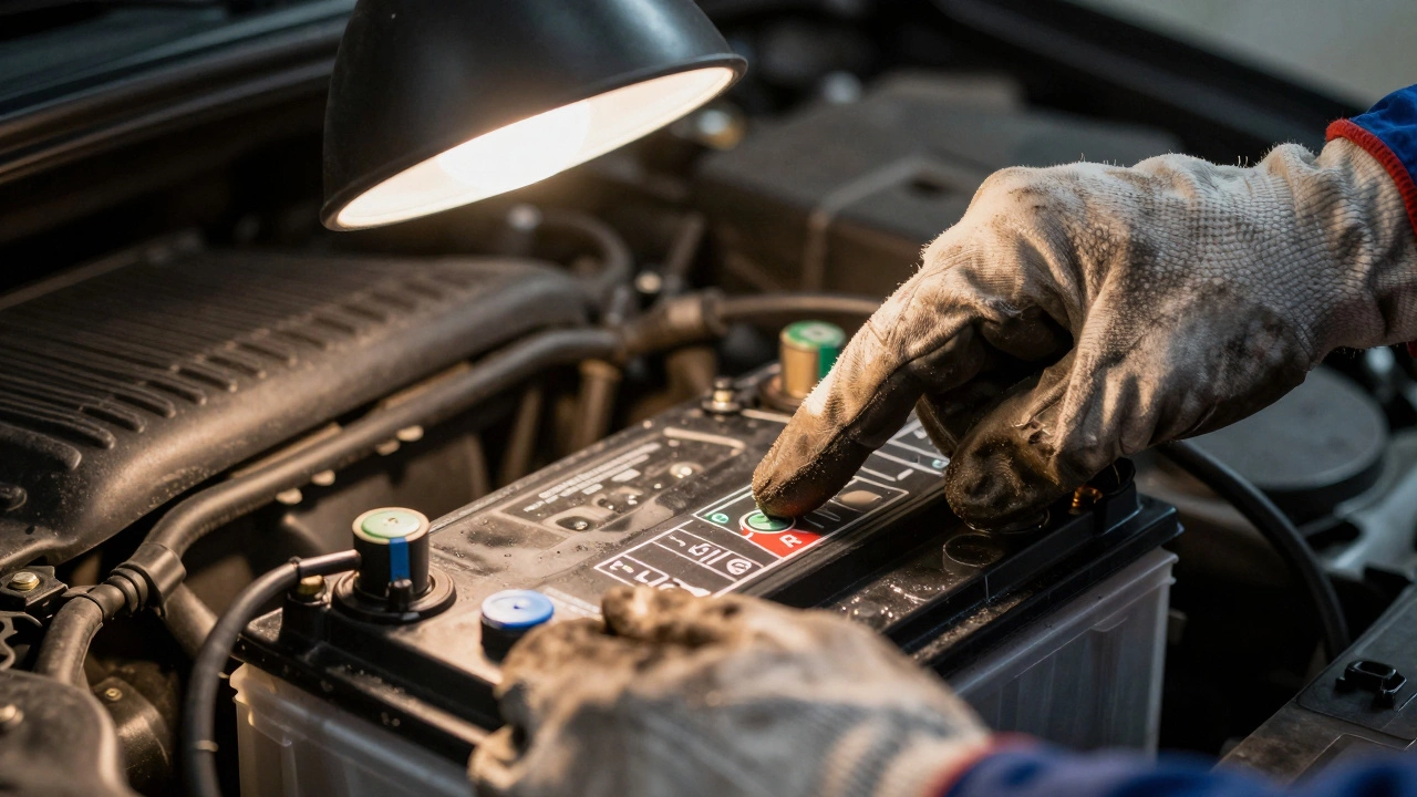 Руки механика проверяют маркировку R на аккумуляторе под светом лампы в гараже.