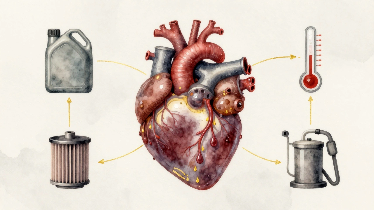 Сердце в виде двигателя, с масляными каплями как кровью, вокруг инструменты обслуживания.