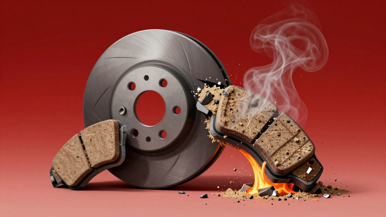 Сравнение качественных и поддельных тормозных колодок под высокой температурой.