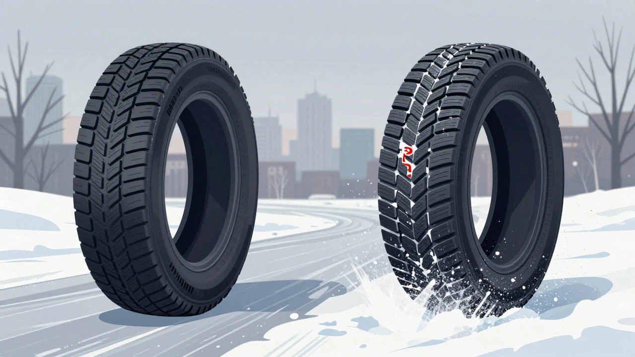 Сравнение шин M+S и зимних на льду: одна скользит, другая цепляется за снег.