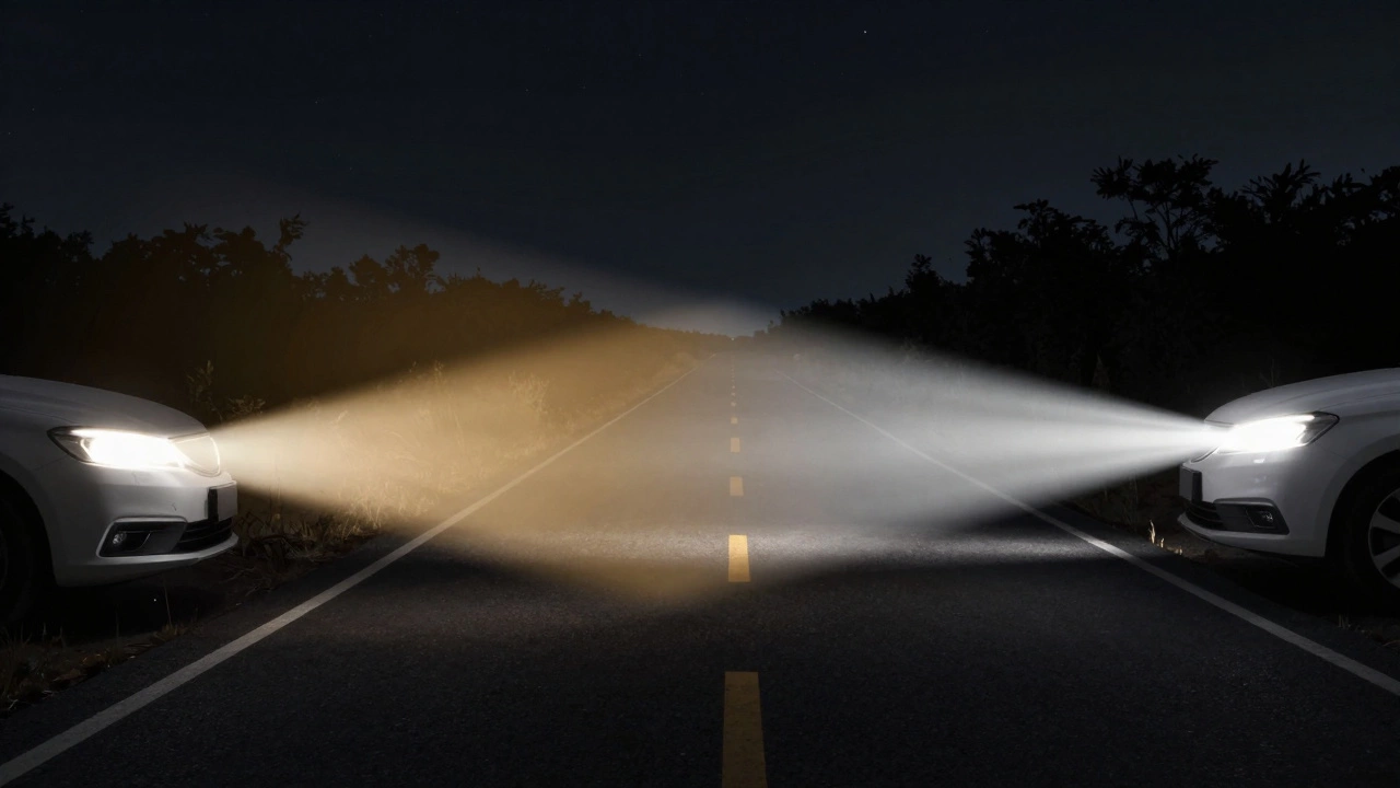 Сравнение световых паттернов: рассеянный свет H4 и четкий луч H7 на темной дороге ночью.