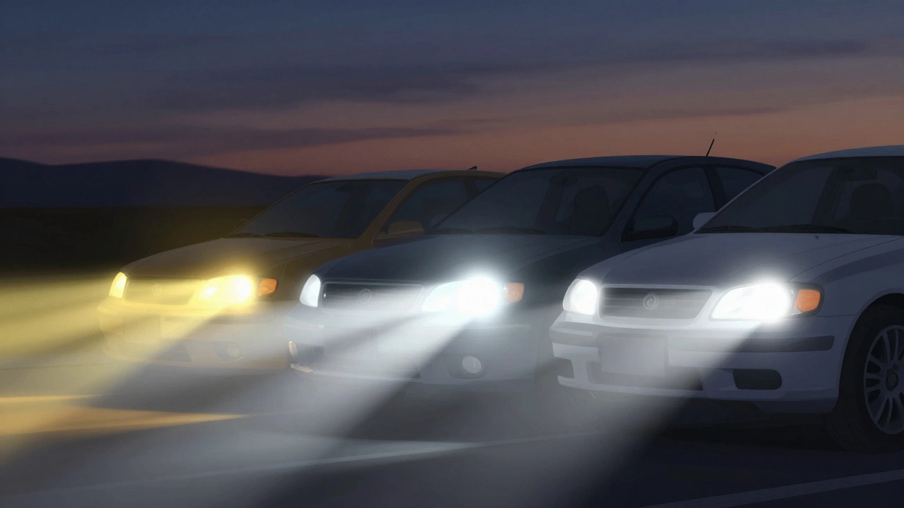 Сравнение трех типов автомобильных ламп: галогенки, ксенона и светодиодов, показывающее разницу в цвете и качестве света.