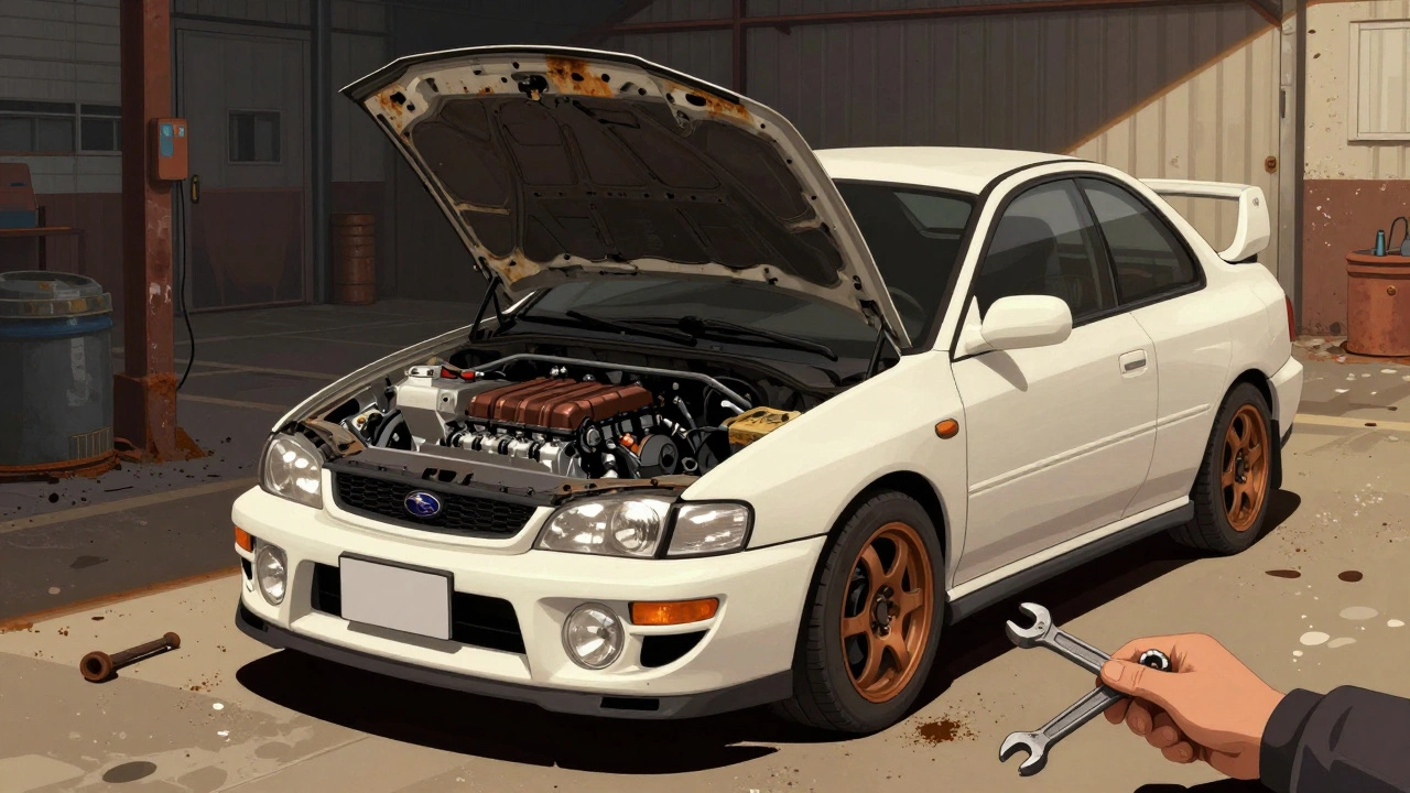 Subaru Impreza с открытым двигателем и инструментами в русском гараже