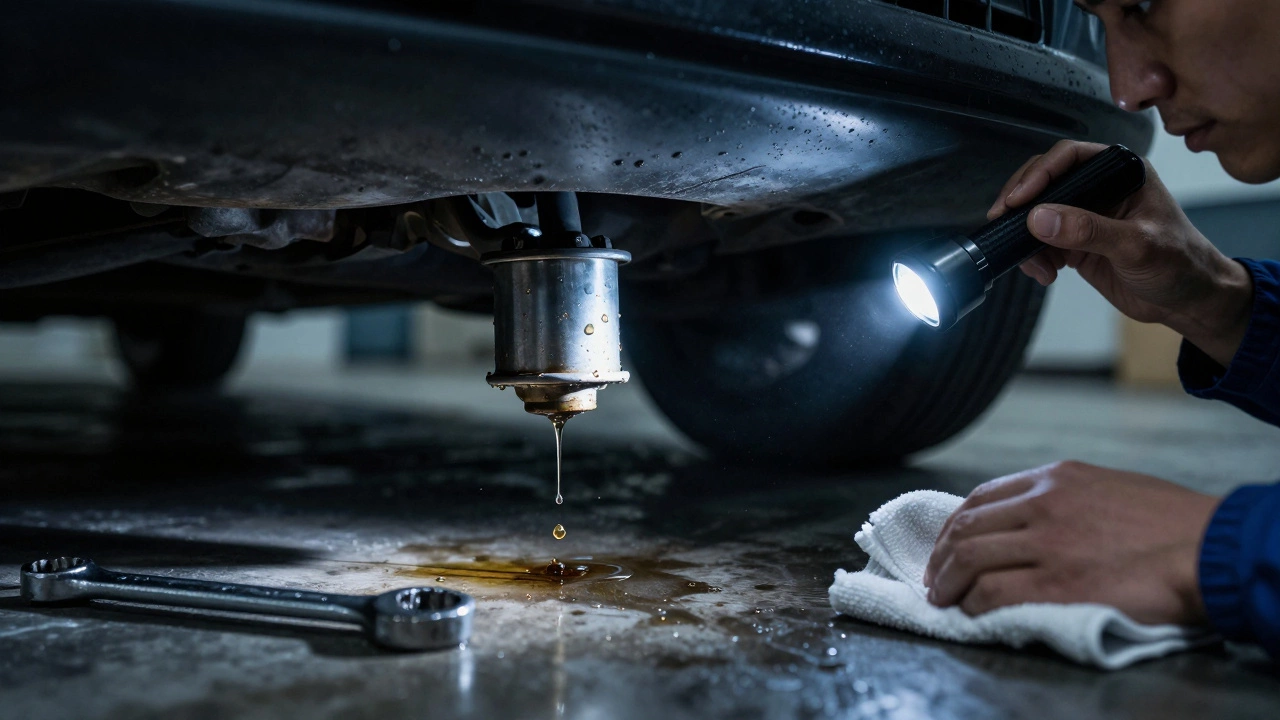 Течь масла под автомобилем после замены, техник осматривает место утечки.