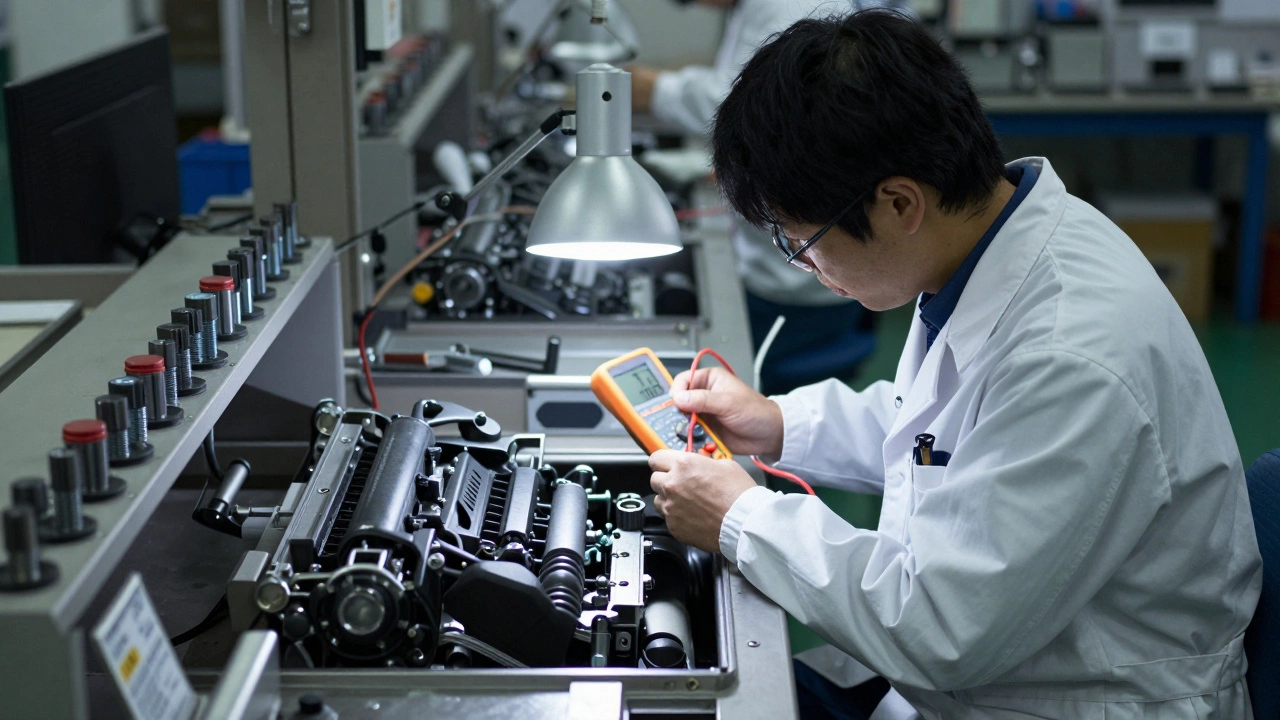 Техник в белом халате проверяет двигатель автомобиля в тихой японской мастерской, аккуратные инструменты, мягкий свет.