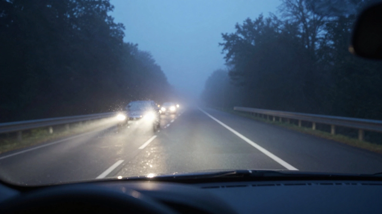Вид из салона автомобиля: светодиодные фары создают свет, похожий на дневной, даже в тумане и дожде.