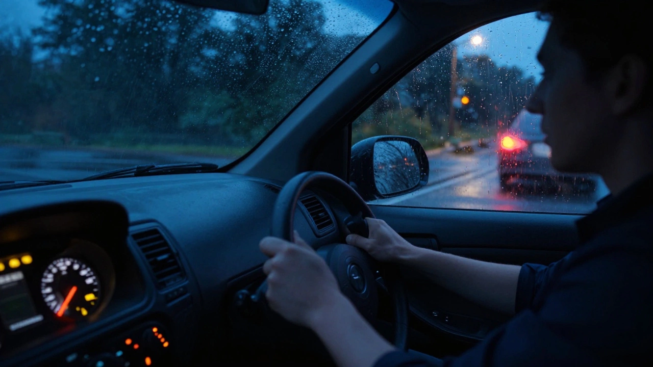 Водитель тормозит в дождь, на приборке горит предупреждение, колёса скользят.