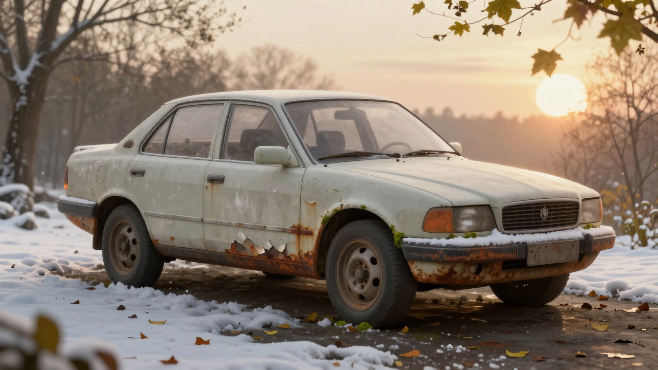 Автомобиль, превращающийся в скульптуру времени: ржавчина, треснувшие уплотнители, мхом покрытые арки, смена времён года вокруг.
