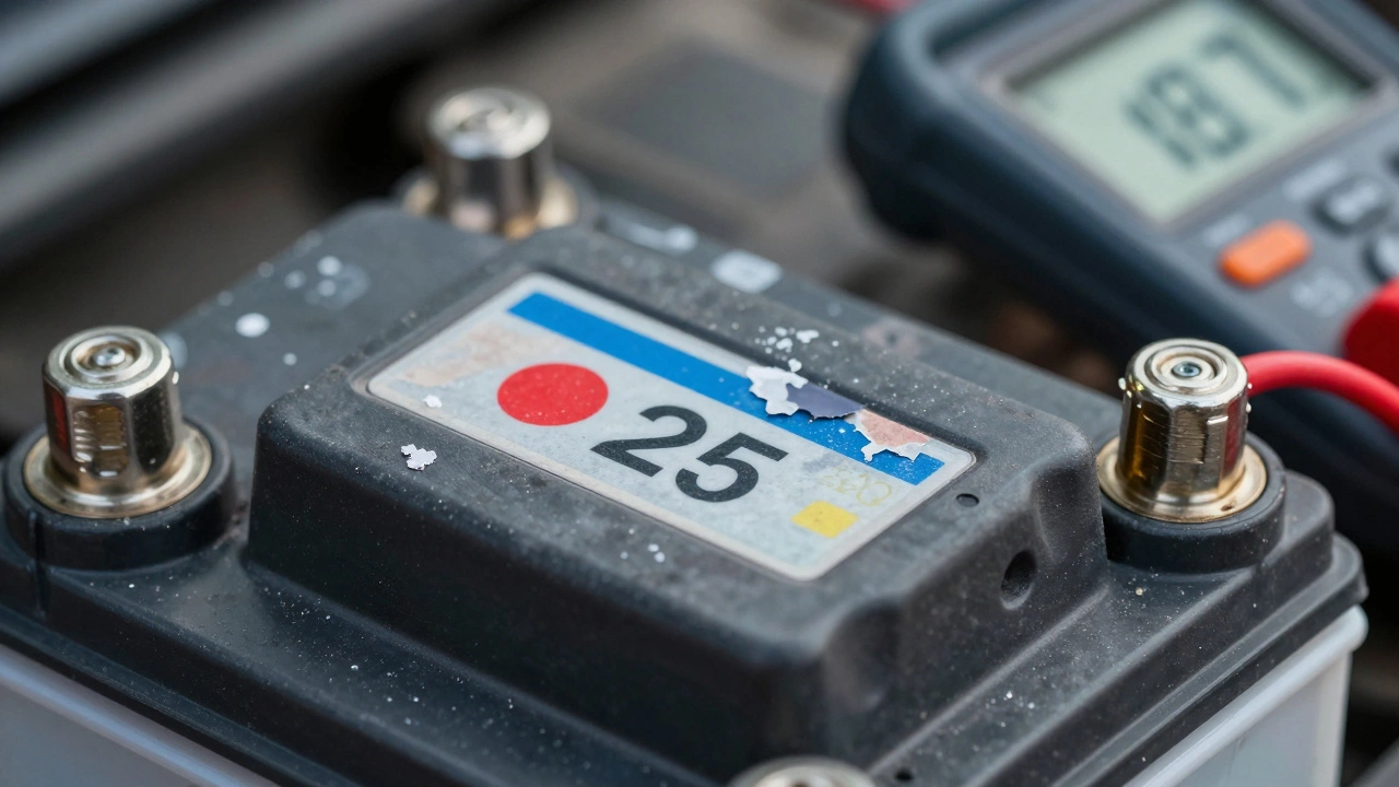 Ближний план аккумулятора с цветной меткой и следами сульфатации на клеммах.