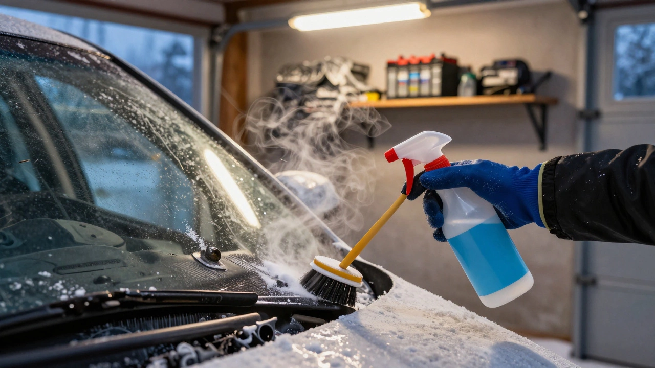 Чистка клемм аккумулятора раствором соды в зимнем гараже.