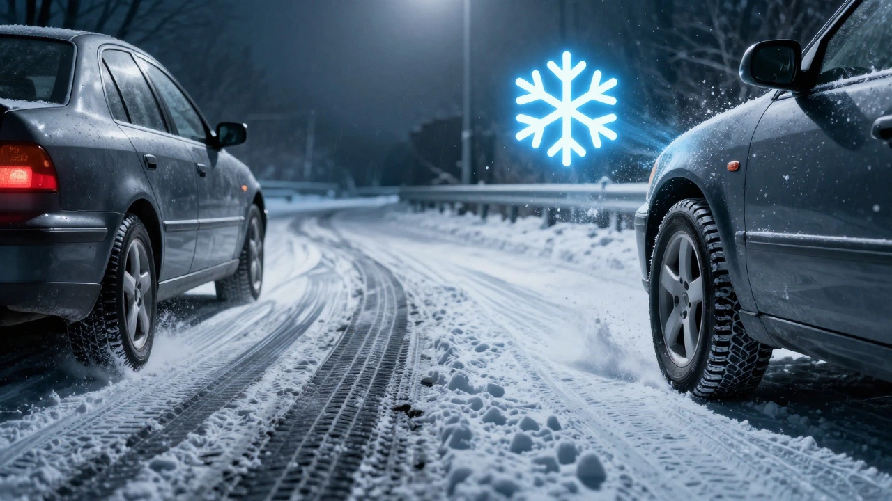 Две стороны дороги: слева — автомобиль скользит на льду, справа — тот же автомобиль уверенно держит дорогу с зимними шинами.