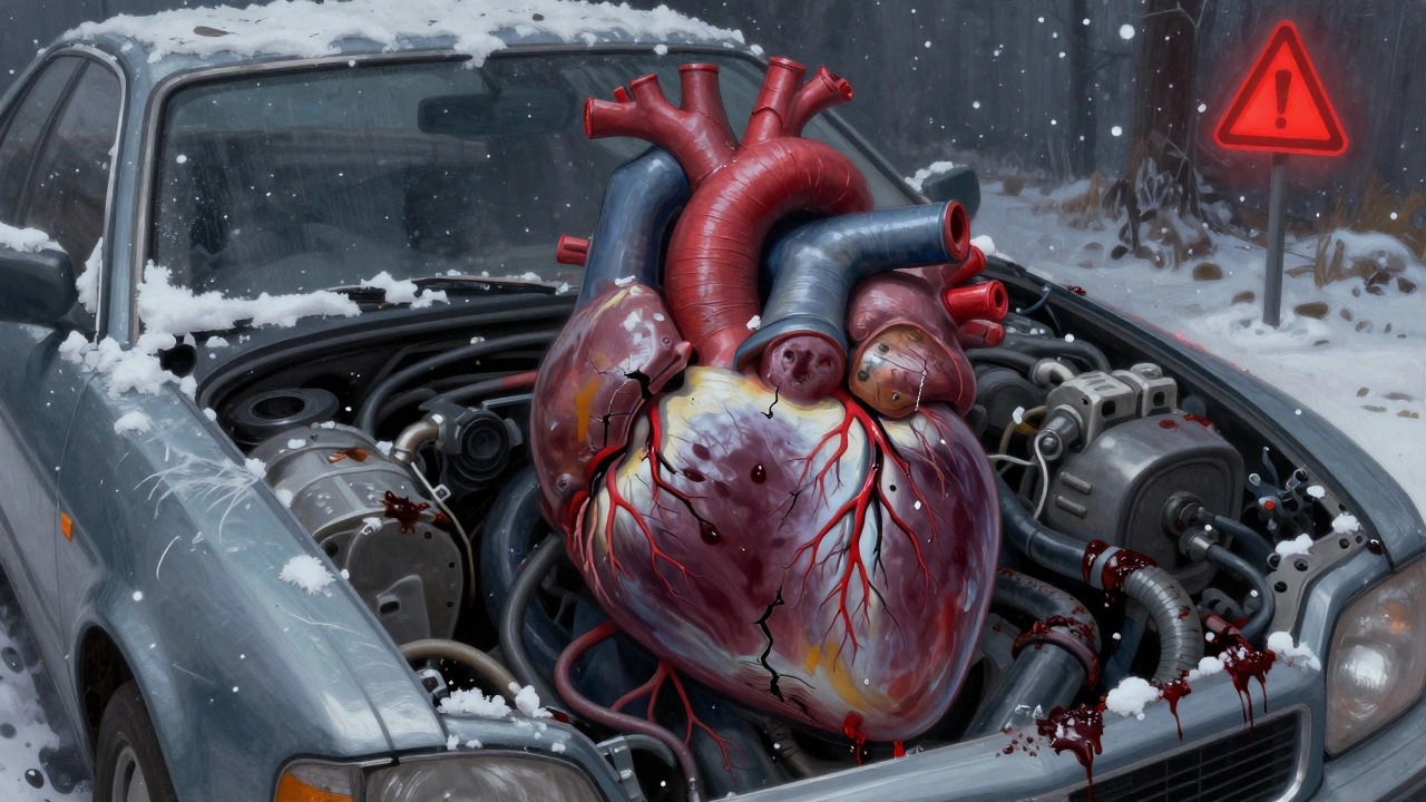 Концептуальное изображение двигателя как живого сердца, постепенно разрушающегося от простоя и холода.