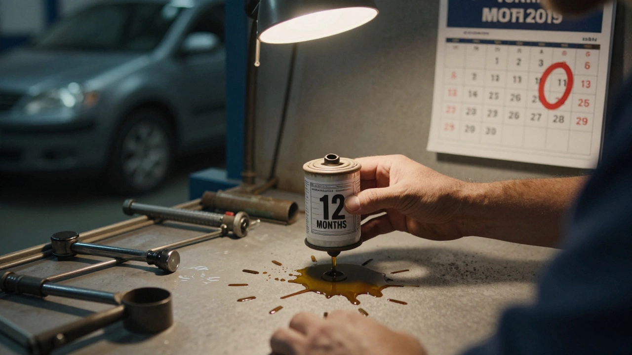 Механик меняет масляный фильтр, на стене календарь с отмеченным годом