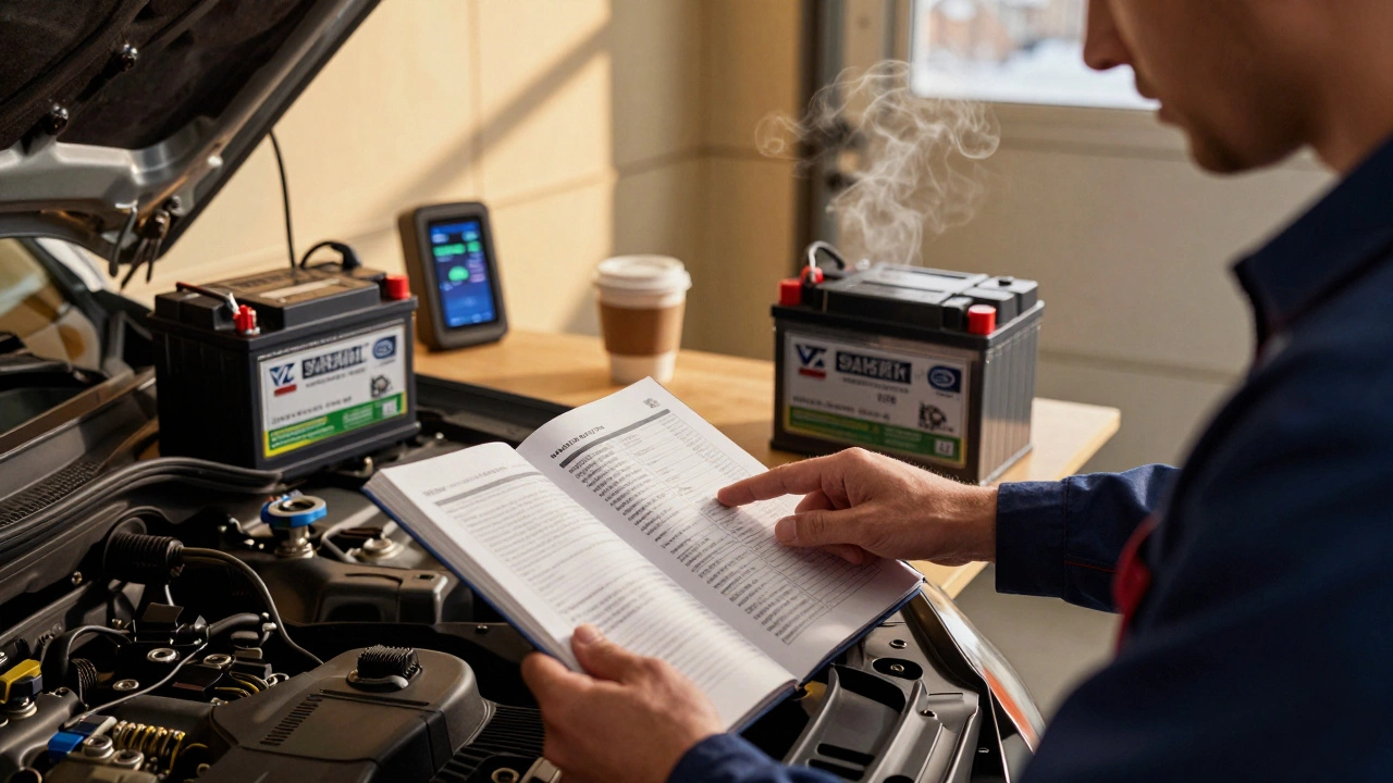 Механик показывает рекомендации по аккумулятору в руководстве, держа подходящий новый аккумулятор в гараже зимой.