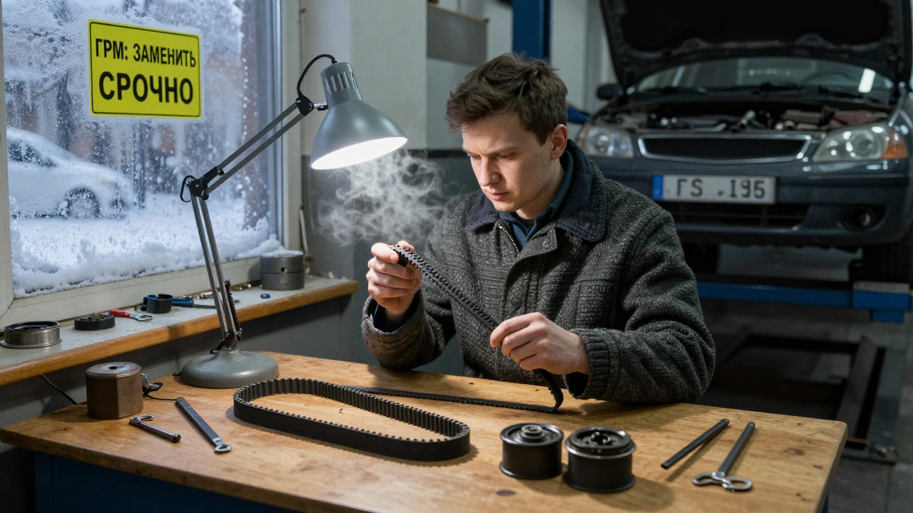 Механик в зимней мастерской проверяет изношенный ремень ГРМ и ролики.
