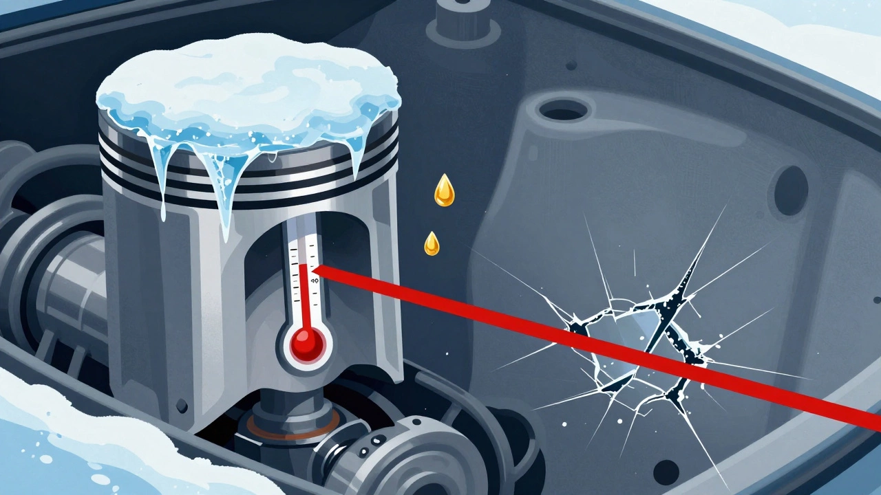 Морозный двигатель с льдом на поршне и трещинами на стенке цилиндра