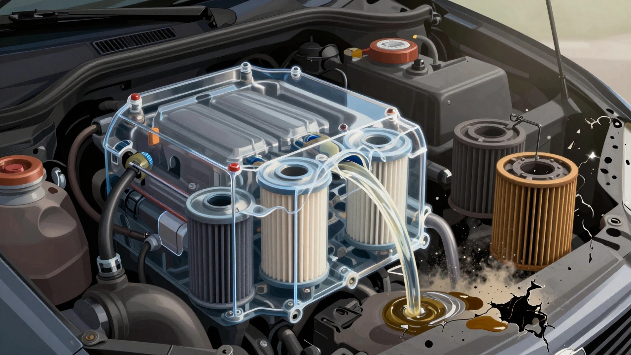 Прозрачный двигатель с чистыми фильтрами и жидкостями против грязных и поврежденных компонентов.