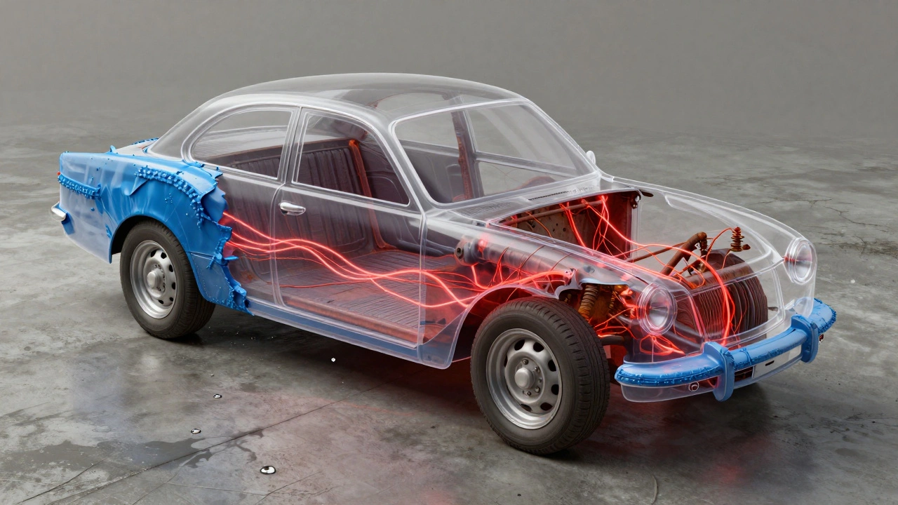 Прозрачный кузов автомобиля с внутренними потоками ржавчины и защитного воска.