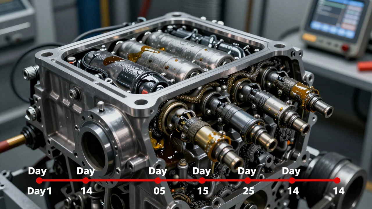 Разрез двигателя с видимыми повреждениями цилиндров и забитыми форсунками после двух недель простоя.