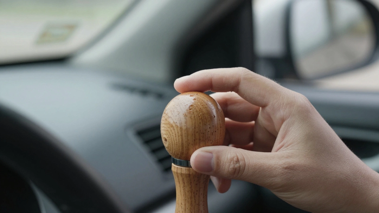 Рука полирует деревянную ручку КПП маслом, видны текстура дерева и естественные следы, интерьер без пластика.