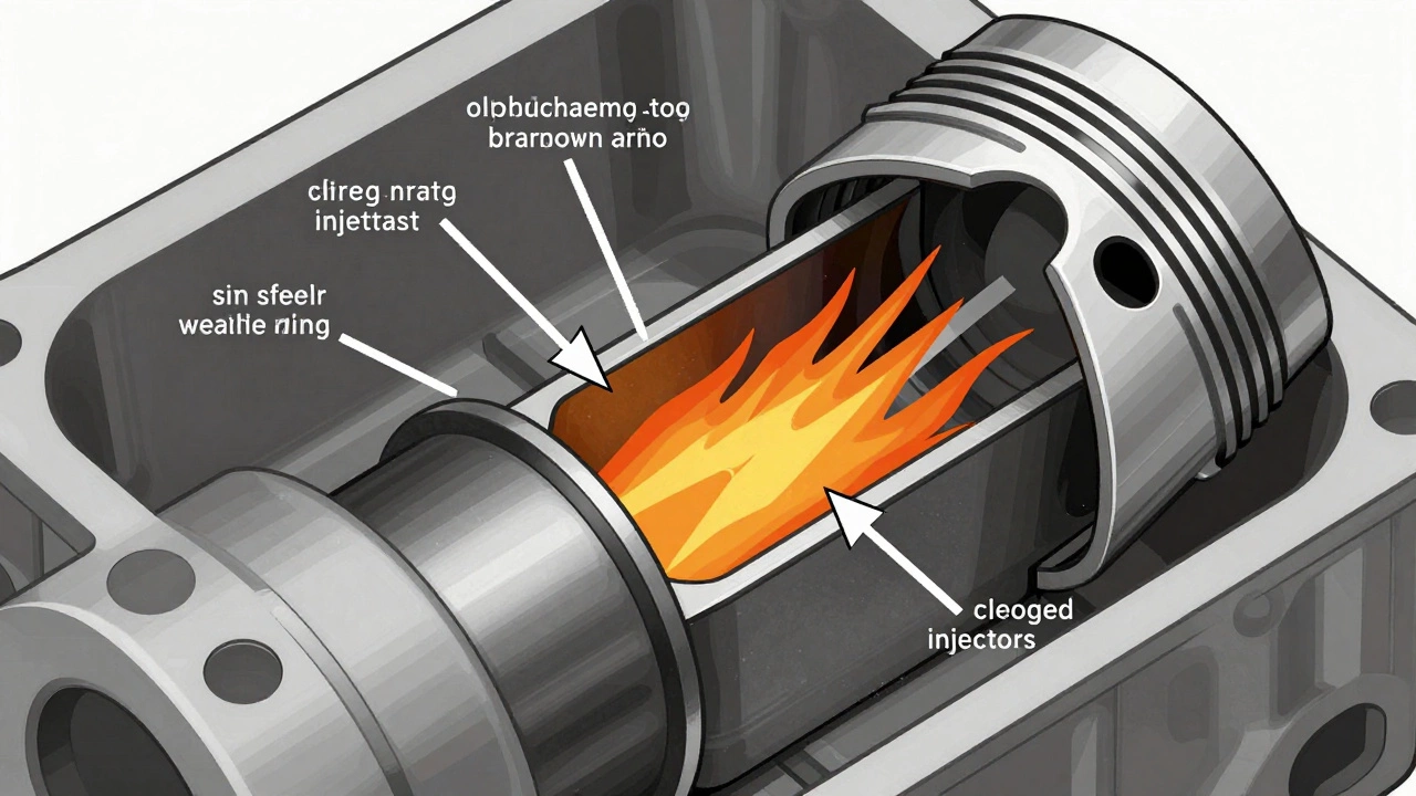 Схема неисправности поршневого кольца с указанием шести причин задиров