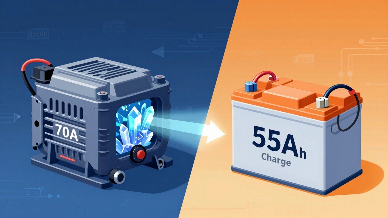 Схематичное изображение генератора, неспособного зарядить большой аккумулятор, с кристаллами сульфата на пластинах.