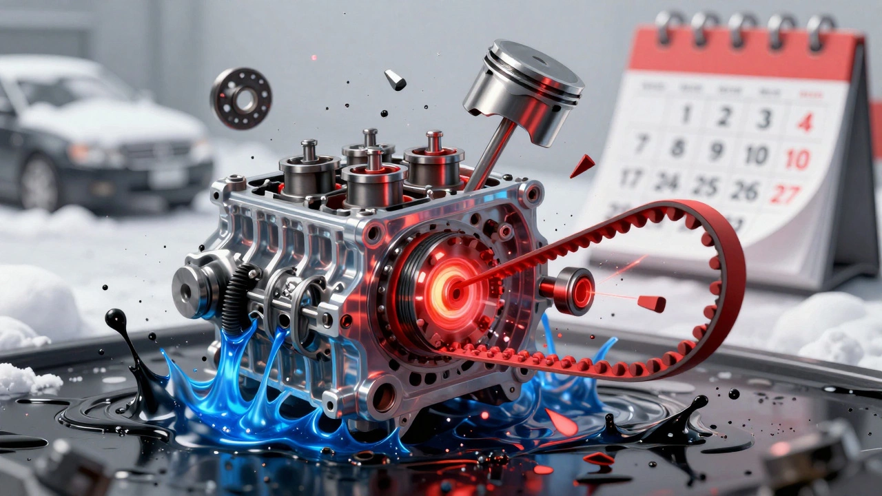 Схематичное изображение столкновения поршня и клапана при обрыве ремня ГРМ.