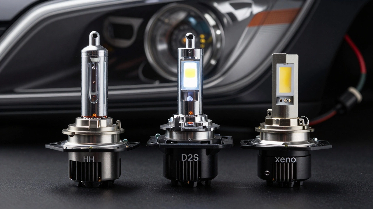 Три типа автомобильных ламп — галогеновая, ксеноновая и светодиодная — расположены на чёрном фоне с детальной проработкой цоколей.