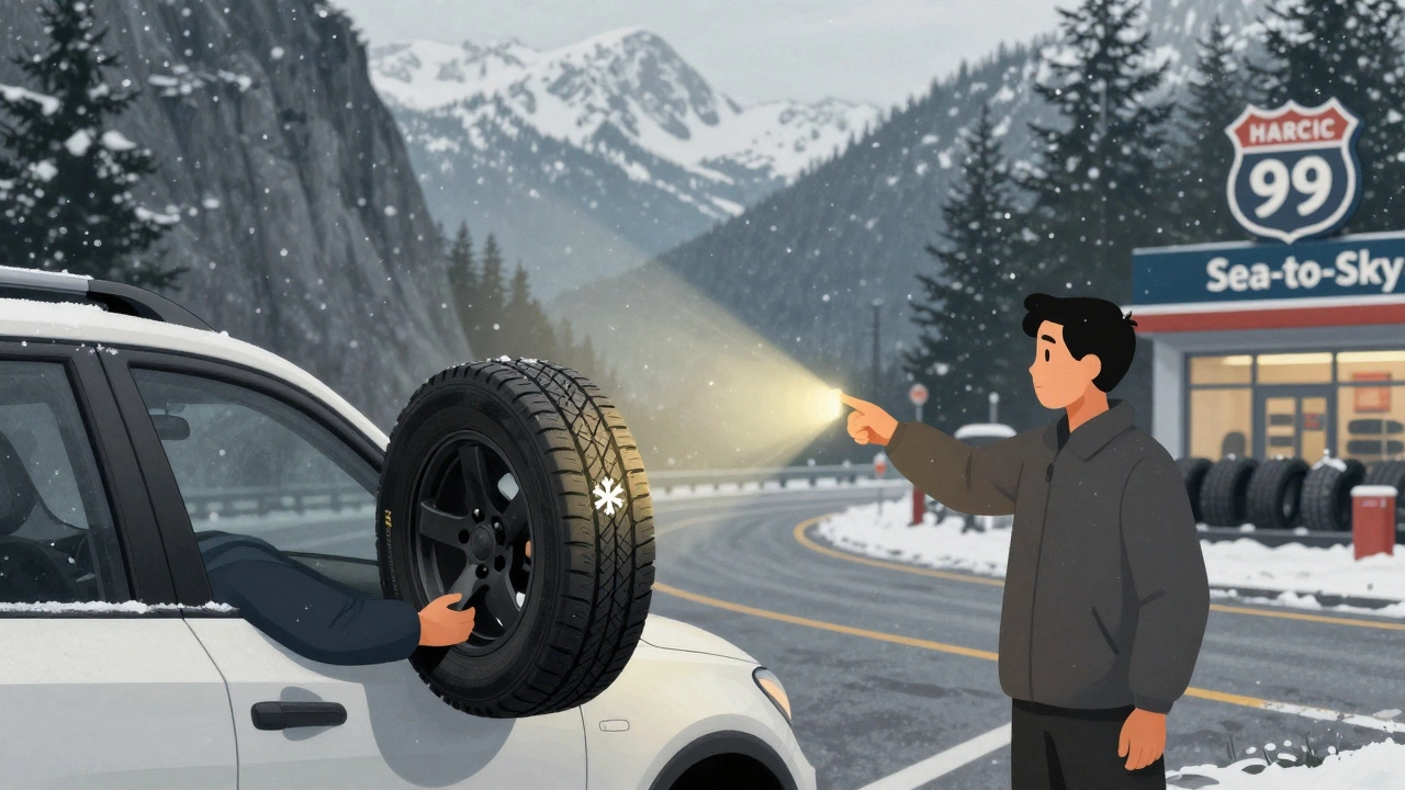 Водитель указывает на различие между шинами с маркировкой M+S и 3PMSF на боковине покрышки.