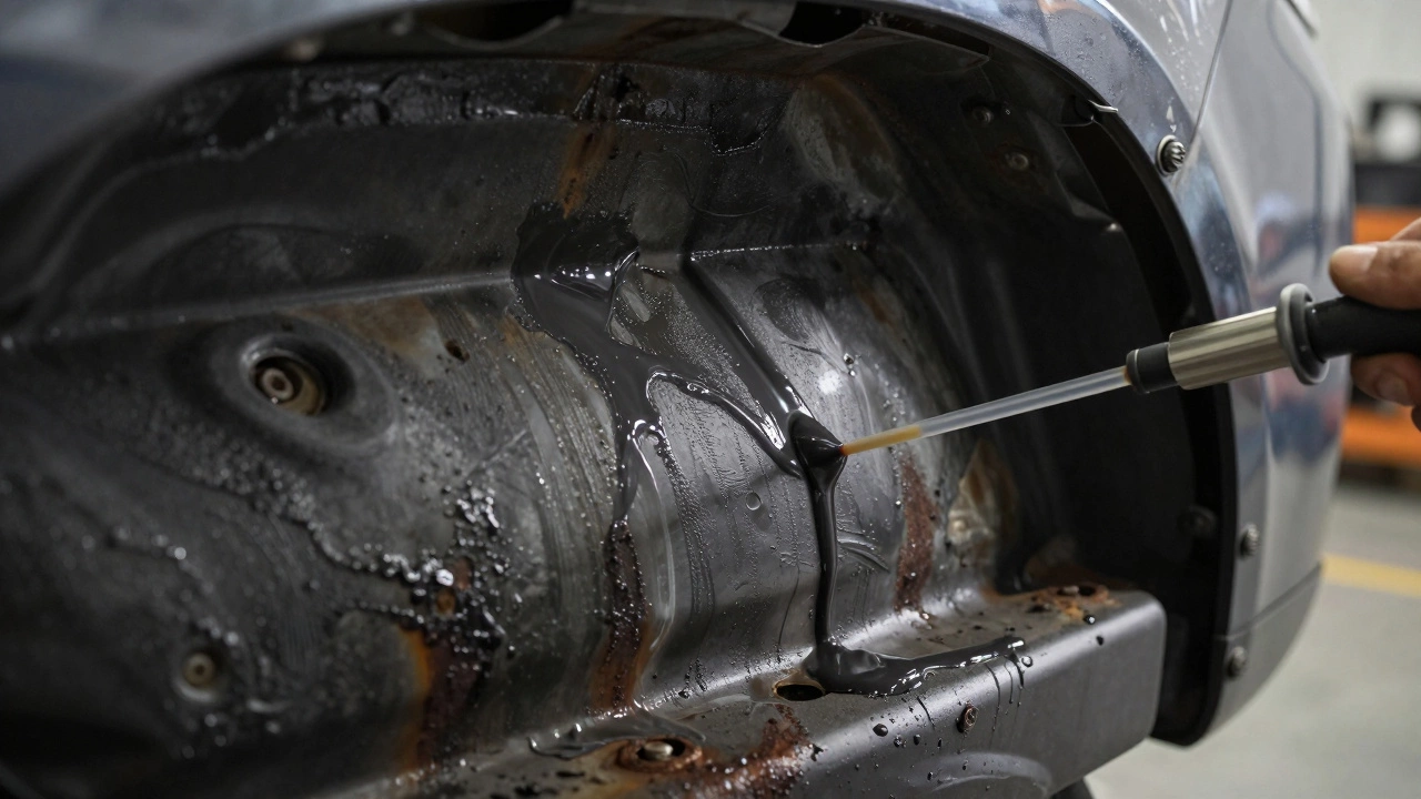 Восковая инъекция в полость порога автомобиля для защиты от коррозии.