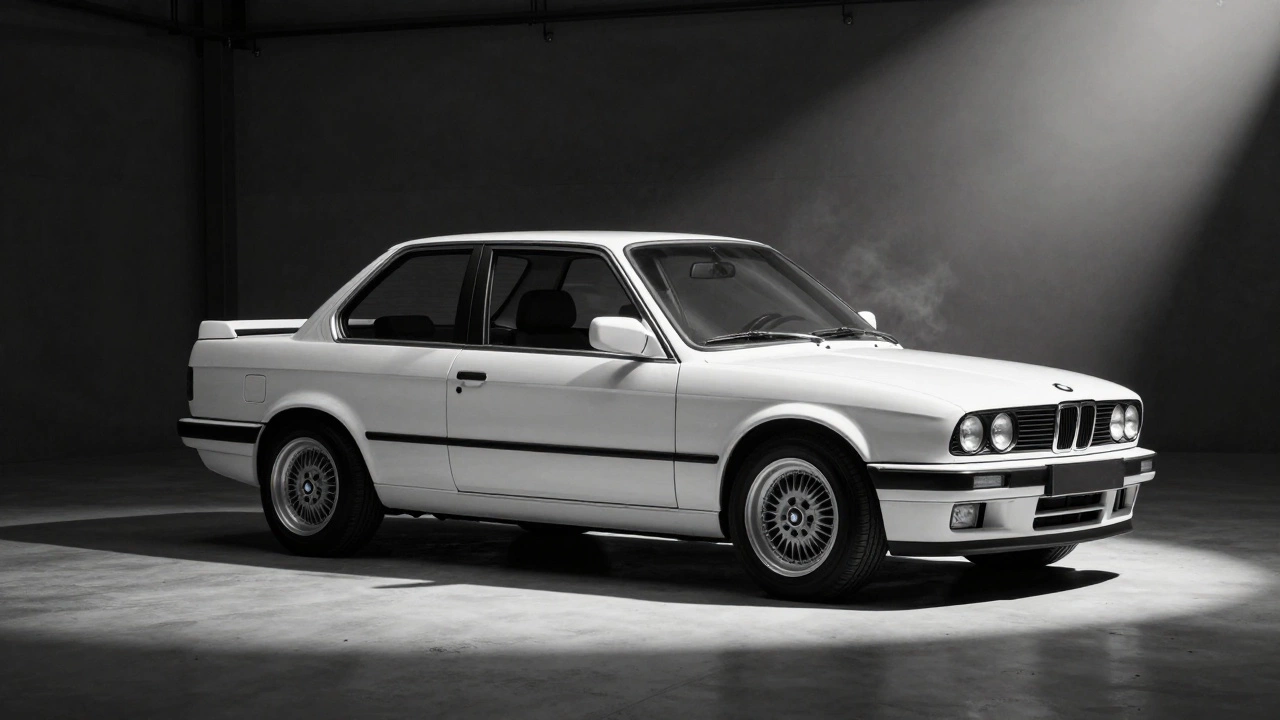 BMW E30 в белом свете на фоне теней, подчёркивающих идеальные пропорции.