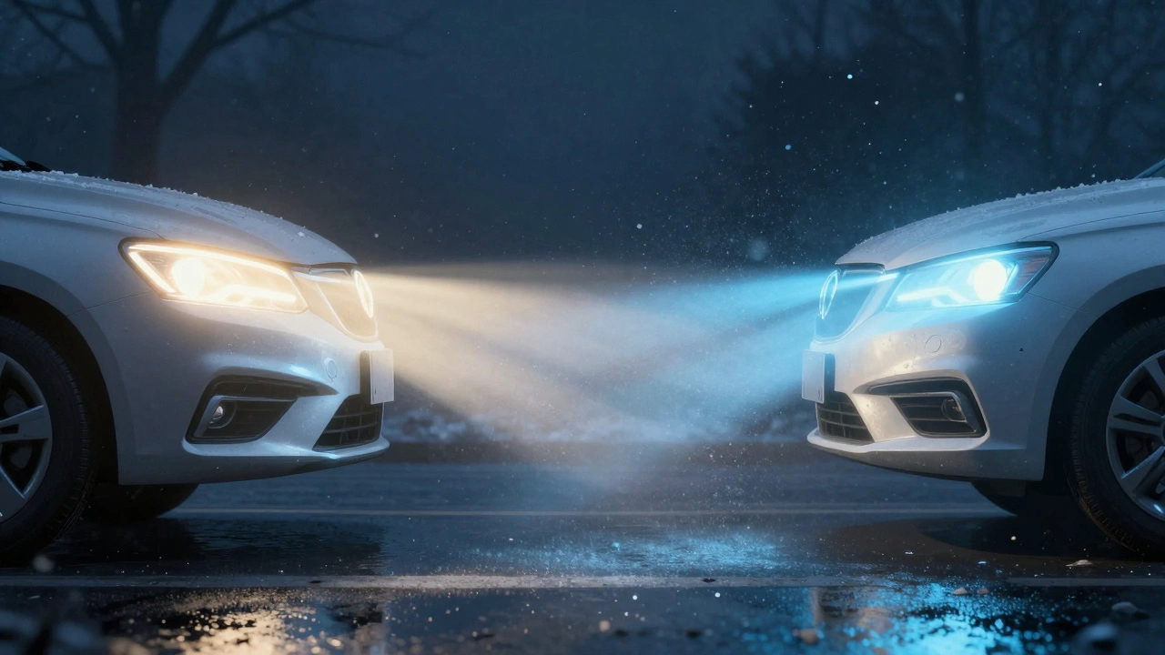 Две фары рядом: одна — тёплый белый свет 4000К с чётким лучом, другая — холодный синий 6500К с рассеянным сиянием.