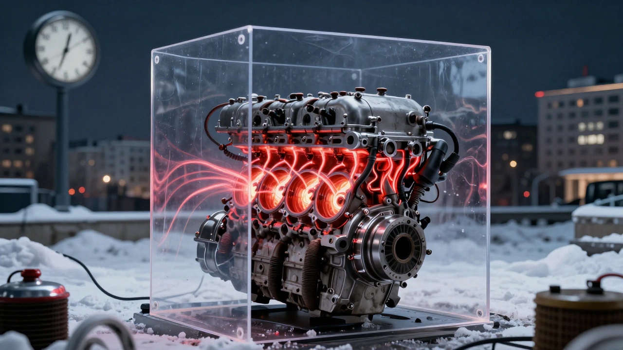 Изношенный двигатель окружён защитой из масла, фильтров и антифриза, с пробегом более 300 000 км на фоне зимнего города.