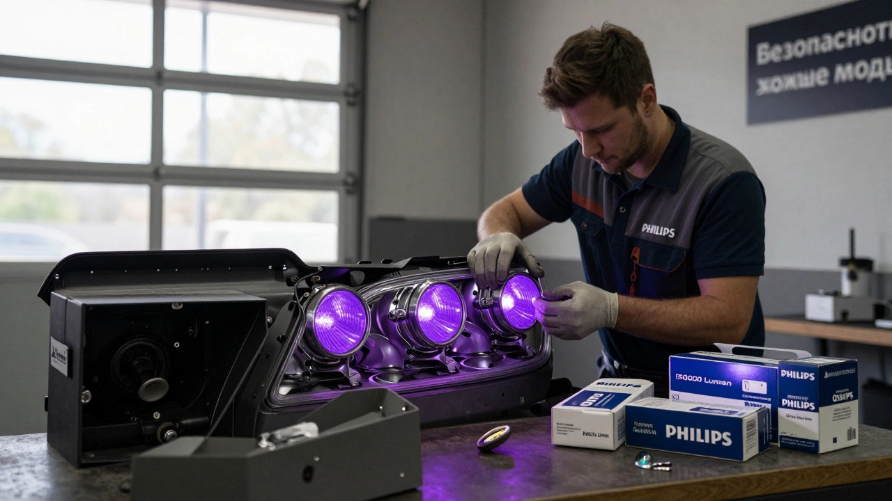 Механик извлекает яркие синие лампы из фары, рядом — сертифицированные брендовые лампы и упаковка с надписью '8000 люмен'.