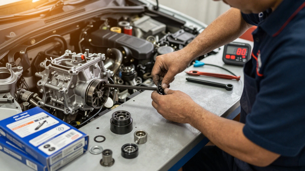 Механик заменяет ремень ГРМ вместе с насосом и натяжителем в автосервисе