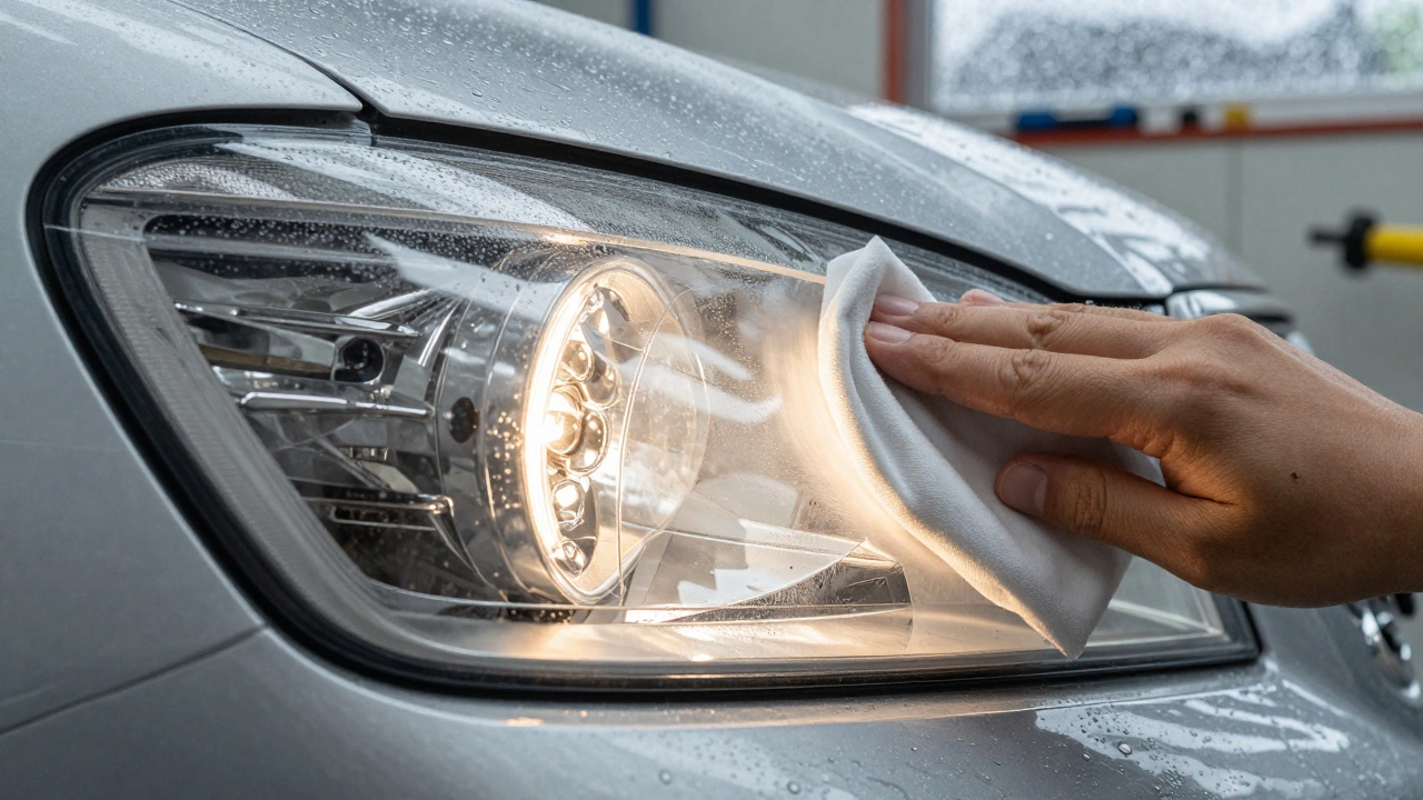 Руками очищают мутную фару средством для восстановления, свет уже становится ясным и ровным.
