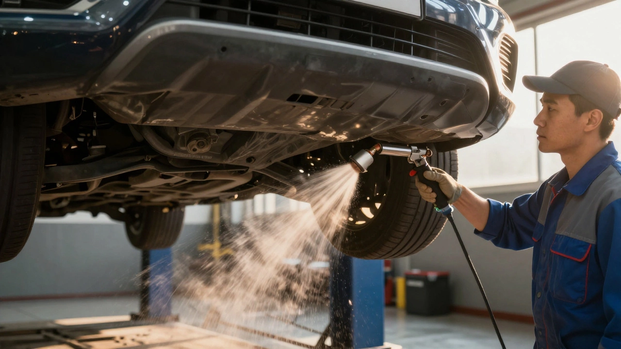 Специалист наносит антикоррозийное покрытие на днище автомобиля