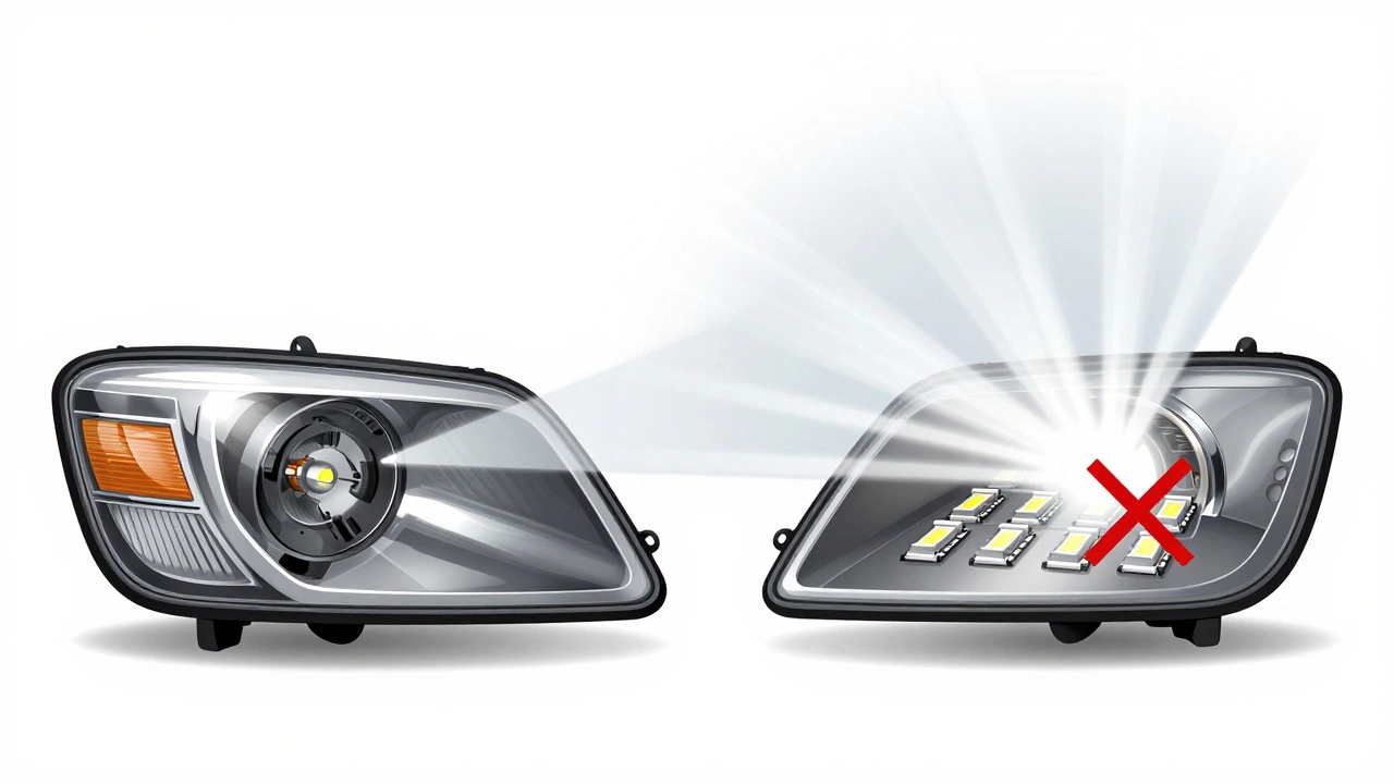 Сравнение оптики галогеновой и светодиодной ламп: точечный источник против рассеянного света, показывающее неправильное фокусирование.