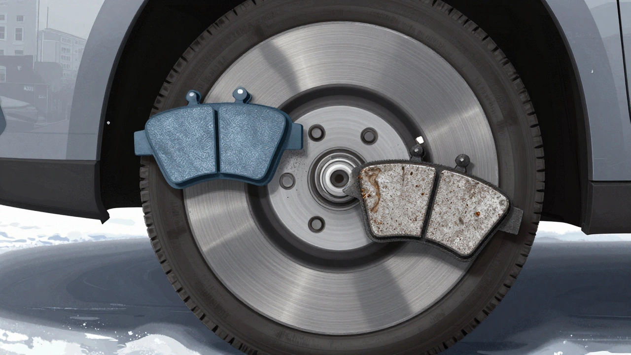 Сравнение внутреннего строения керамических и полуметаллических тормозных колодок на разрезе колеса, виден износ диска.