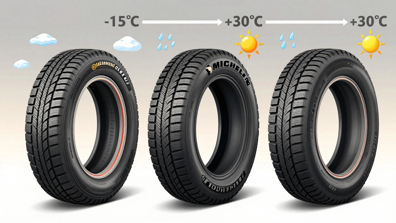 Три модели всесезонных шин в разрезе: Continental, Michelin, Goodyear, с деталями протектора и состава.