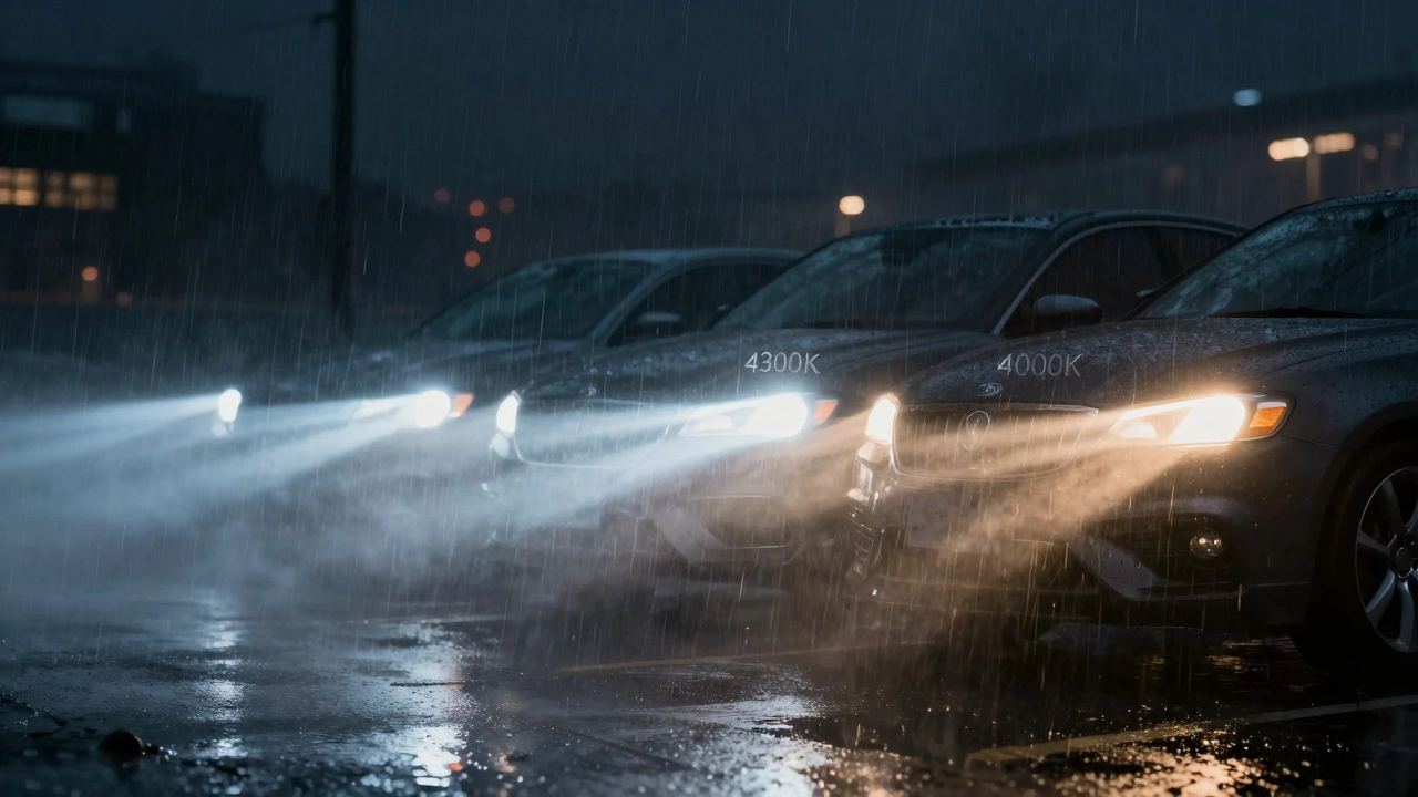 Три типа фар: синий свет рассеивается в дожде, теплый белый проникает сквозь него, LED с фильтром — оптимальный вариант.