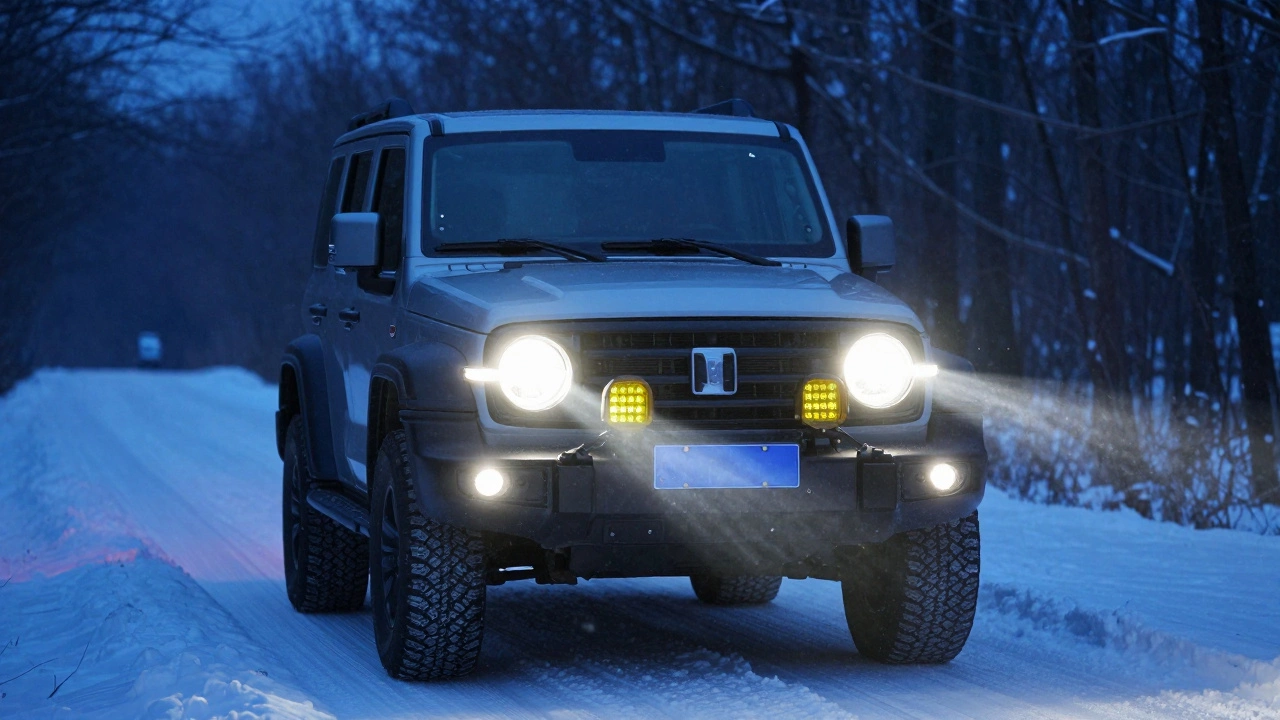 Внедорожник с сертифицированными светодиодными фарами и дополнительными прожекторами освещает снежную дорогу в лесу.