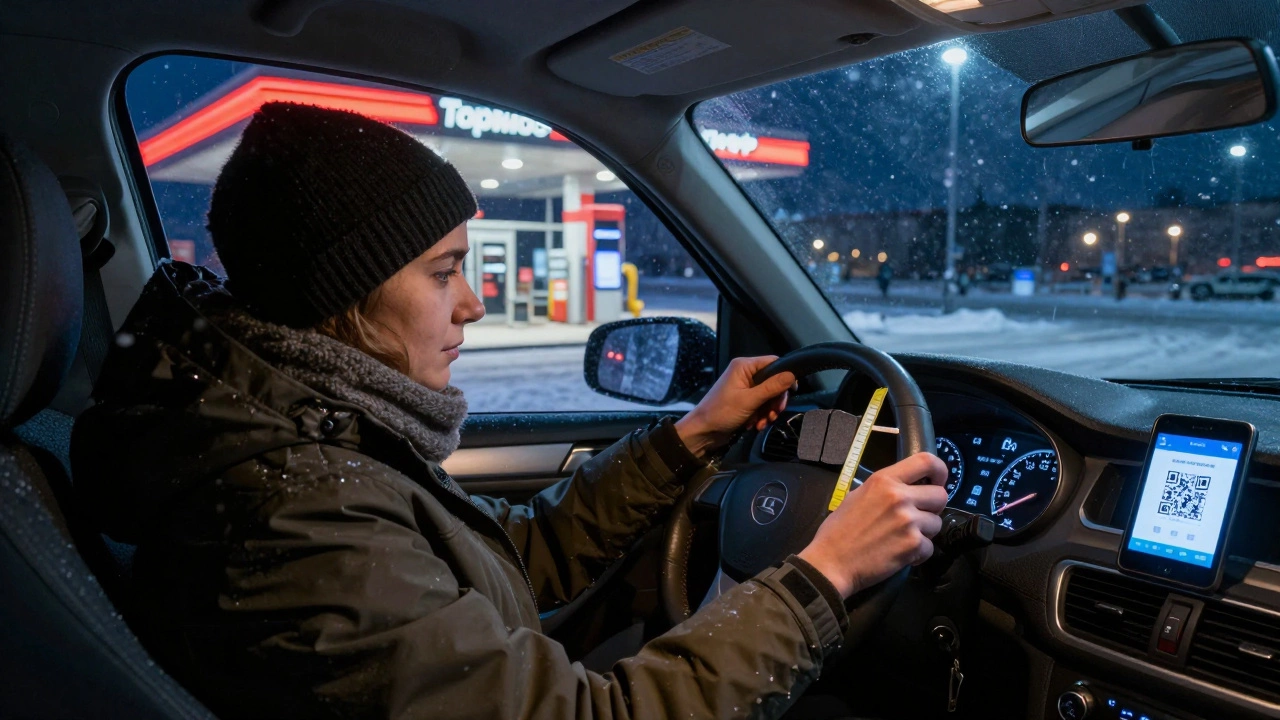 Водитель измеряет толщину тормозных колодок зимой в Казани, за окном снежная дорога, на dashboard виден QR-код.