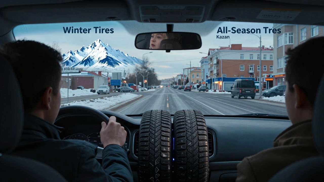 Водитель на перекрестке выбирает между зимними и всесезонными шинами, за рулем — Michelin CrossClimate+.