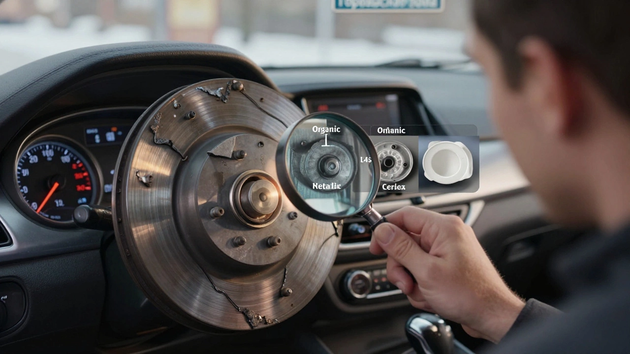 Водитель в Казани осматривает тормозной диск с трёх типов фрикционных материалов под разными температурами.