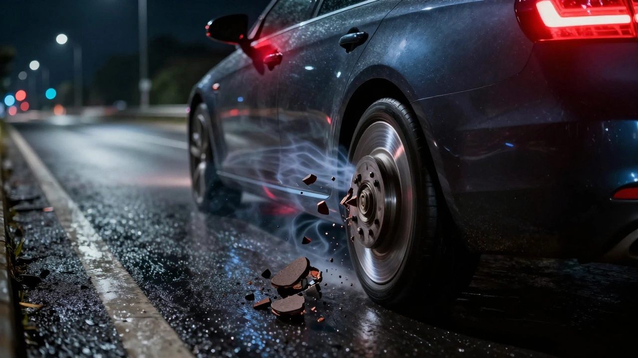 Автомобиль на мокрой дороге ночью, с прозрачным изображением разрушающихся тормозных колодок в воздухе.