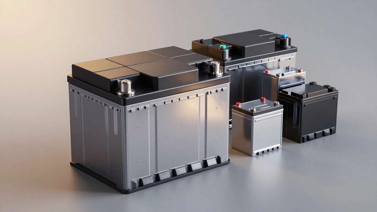 Автомобильные аккумуляторы разных размеров на нейтральном фоне