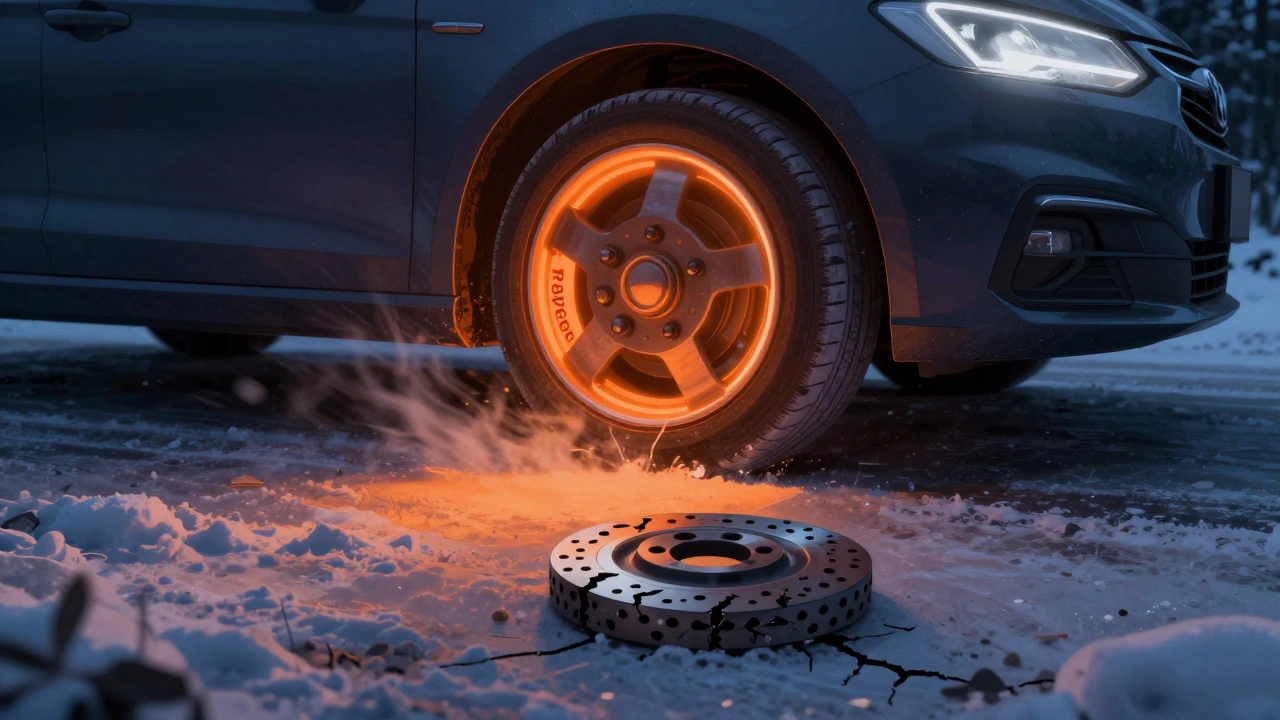 Автомобиль тормозит на снегу с раскаленными роторами Raybestos, подделка трескается в тени.