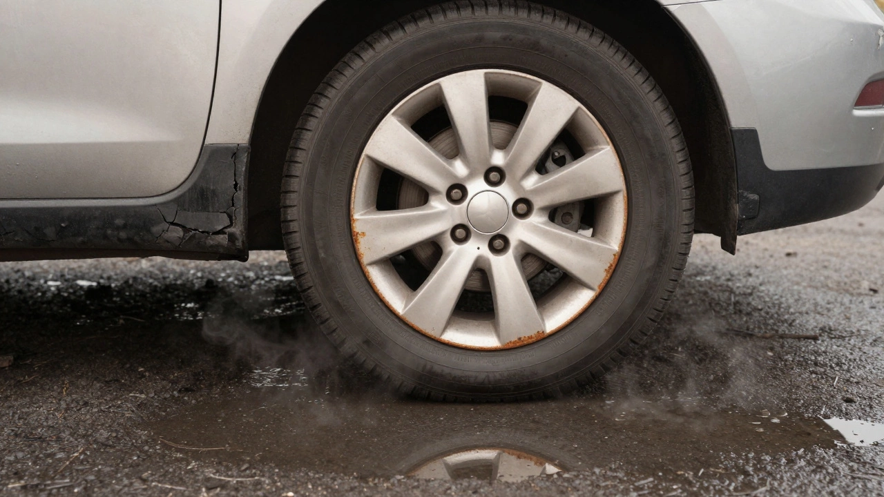 Деформированная шина и заржавевший диск на мокром асфальте.